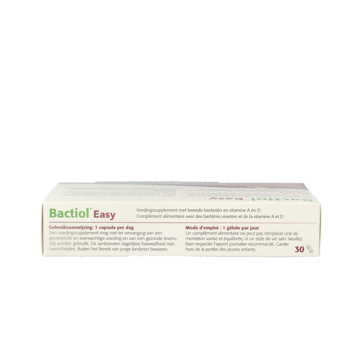 Metagenics Bactiol easy capsules containing micro-organisms, 30 count, in a clear container with label.
