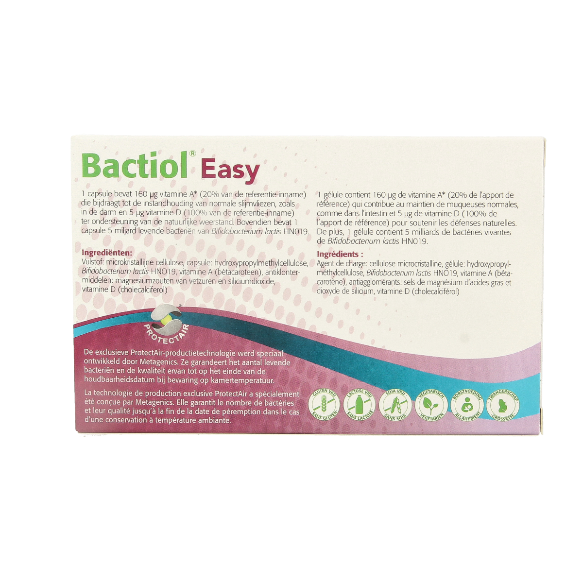 Metagenics Bactiol Easy probiotic capsules featuring micro-organisms, in a 30-capsule bottle, for digestive health support.