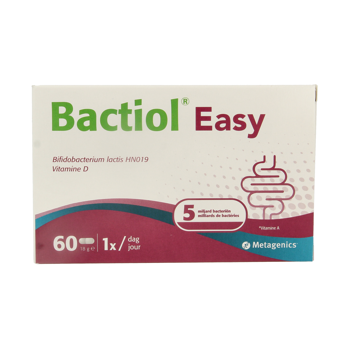 Metagenics Bactiol easy microbiome capsules, 60-count, featuring probiotic micro-organisms in a clear bottle with capsules inside.