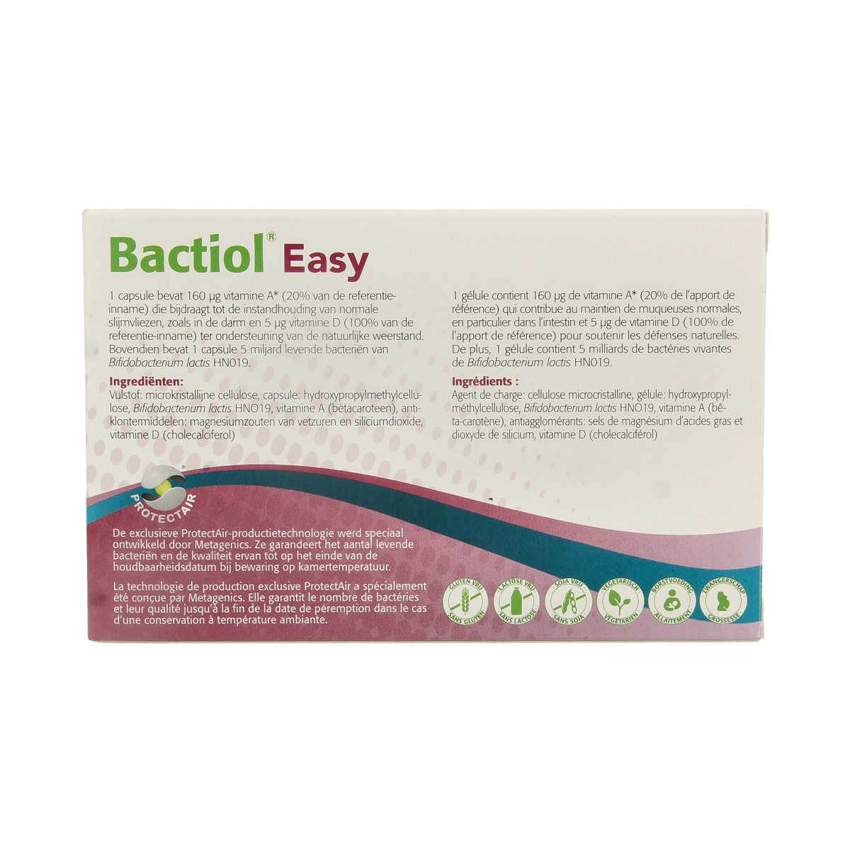 Metagenics Bactiol Easy probiotic capsules containing micro-organisms, 60 capsules for digestive health.
