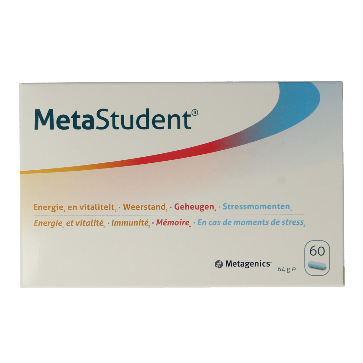 Metagenics Metastudent multivitamin tablets in a bottle, dietary supplement for daily nutritional support.