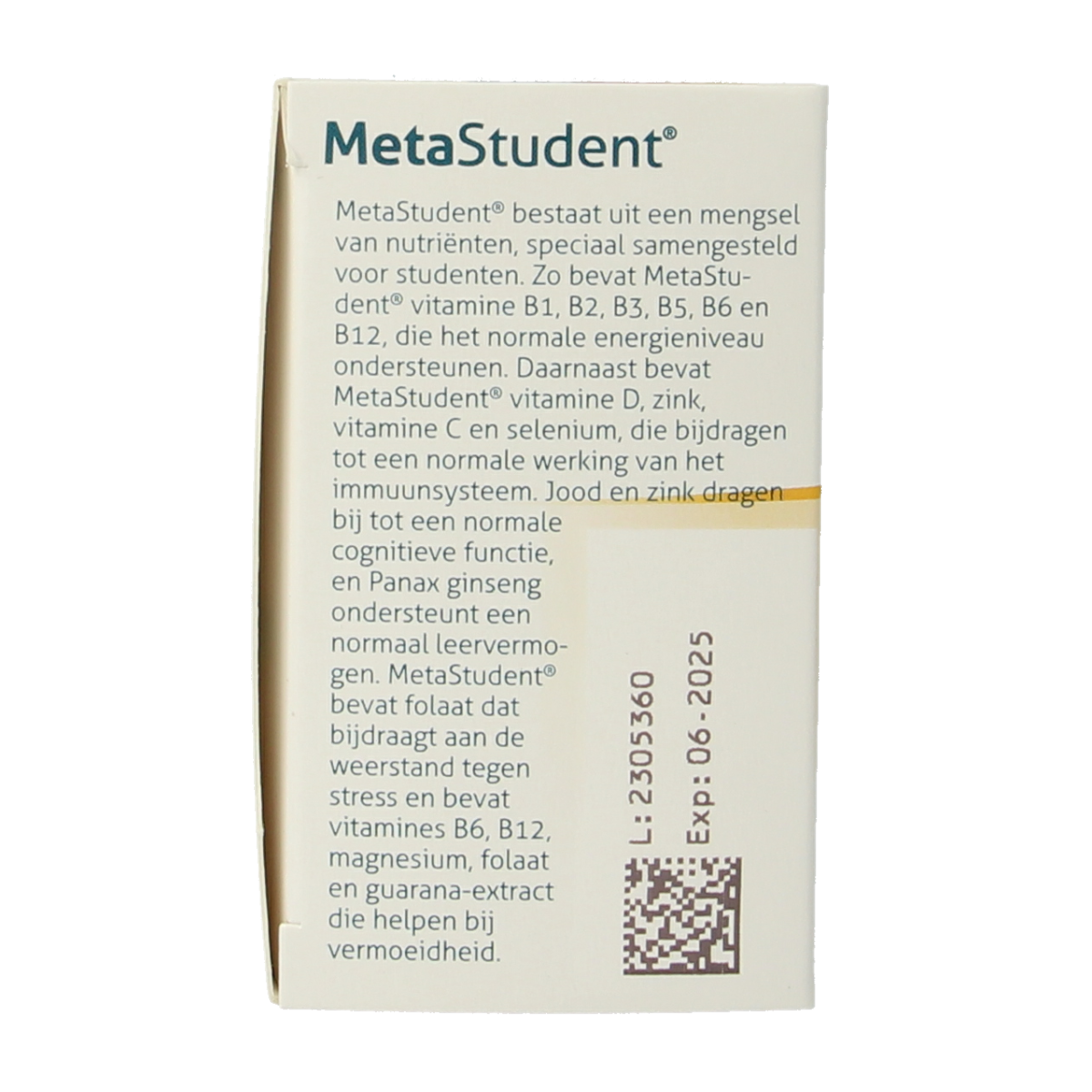 Metagenics Metastudent multivitamin tablets, 60-count, showing the supplement packaging and tablets inside a clear bottle