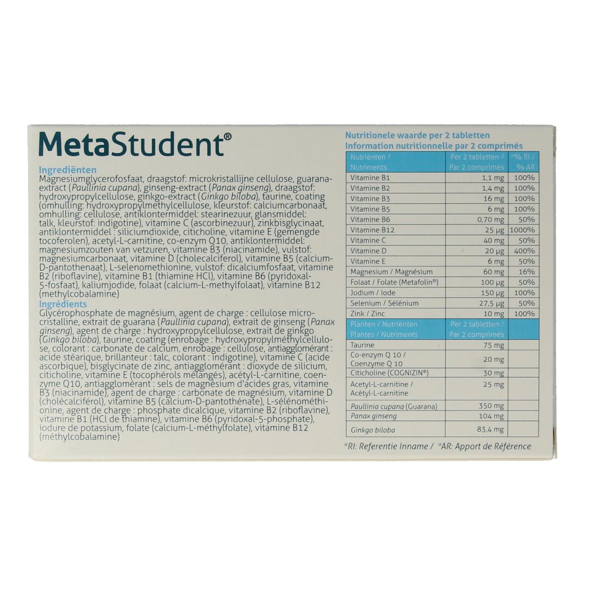 Metagenics Metastudent multivitamin tablets in a bottle, showing the supplement packaging with 60 tablets for overall health support.