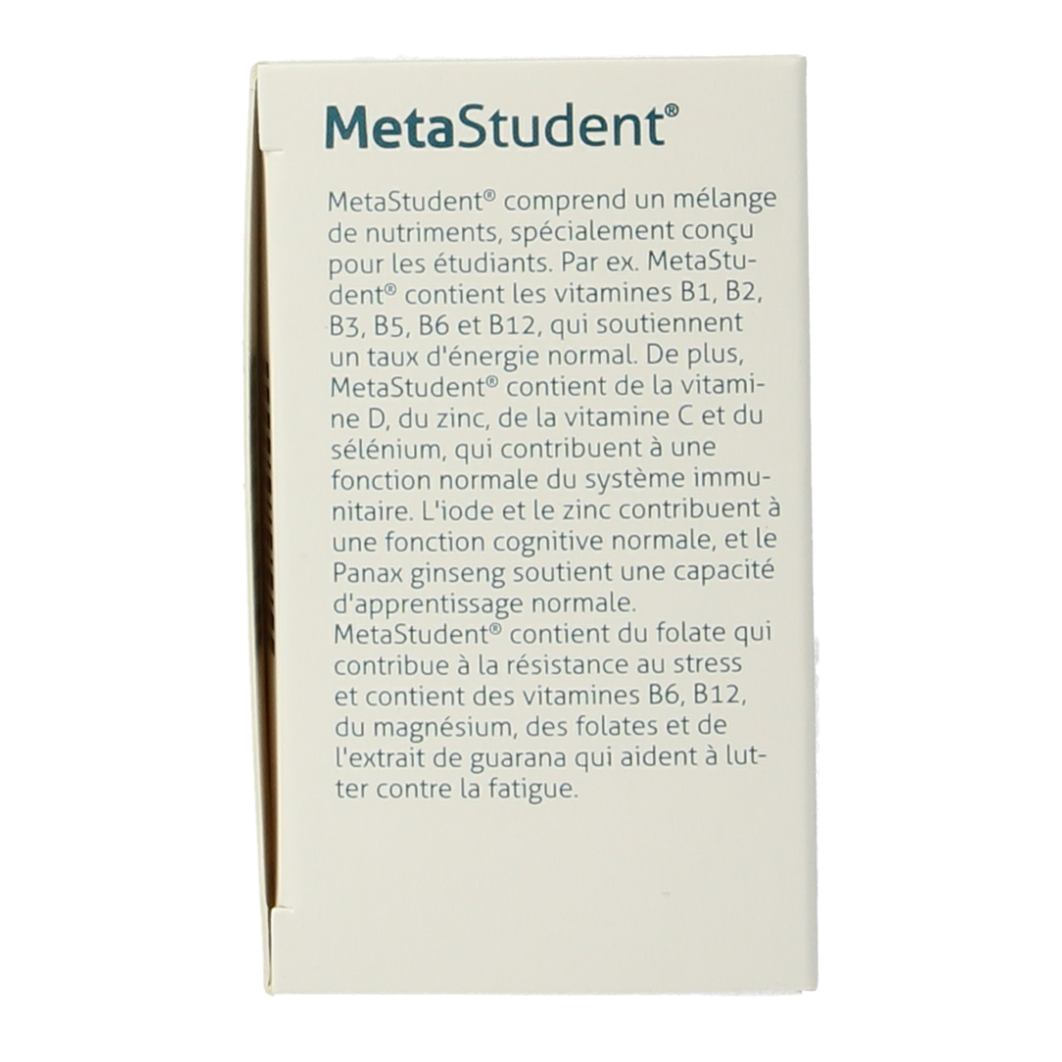 Bottle of Metagenics Metastudent multivitamin tablets with 60 tablets in a clear plastic container.
