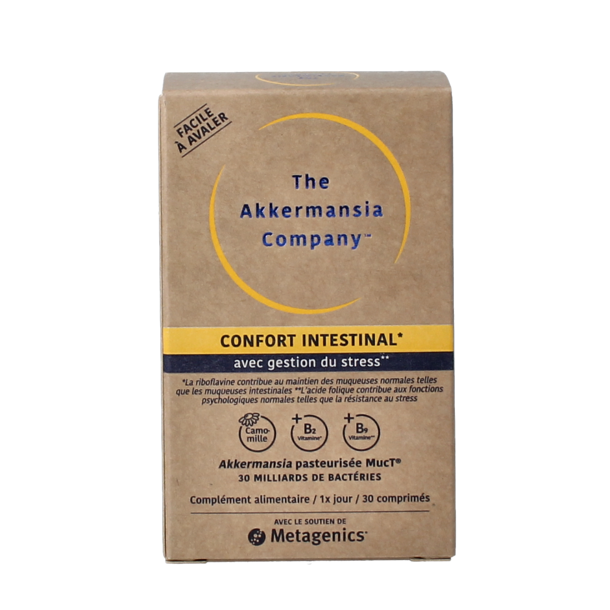 Metagenics Akkermansia Darmcomfort supplement bottles with 30 tablets, designed to support digestive health and gut balance.