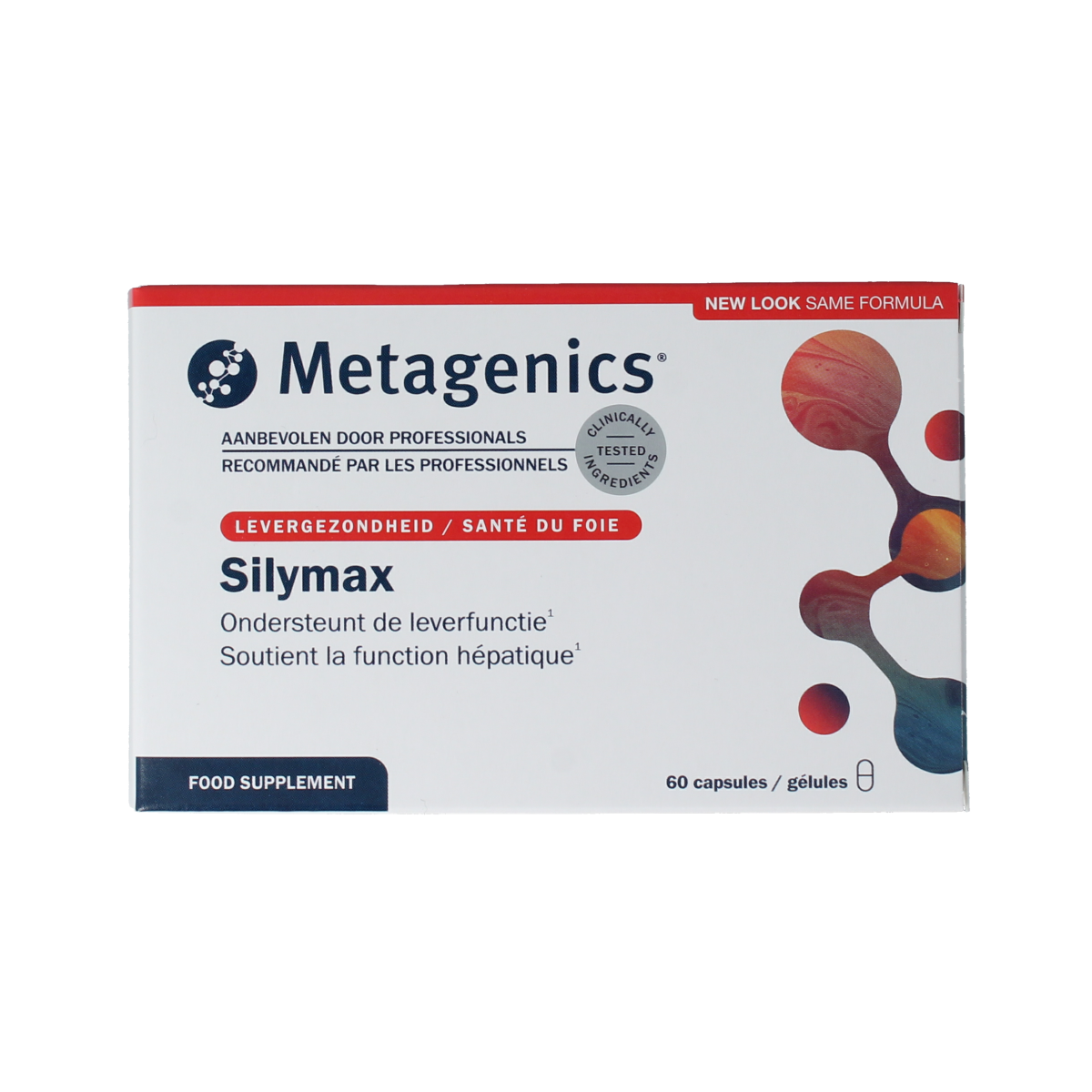 Metagenics Silymax herbal supplement capsules, 60-count, featuring botanical ingredients for liver support and detoxification.
