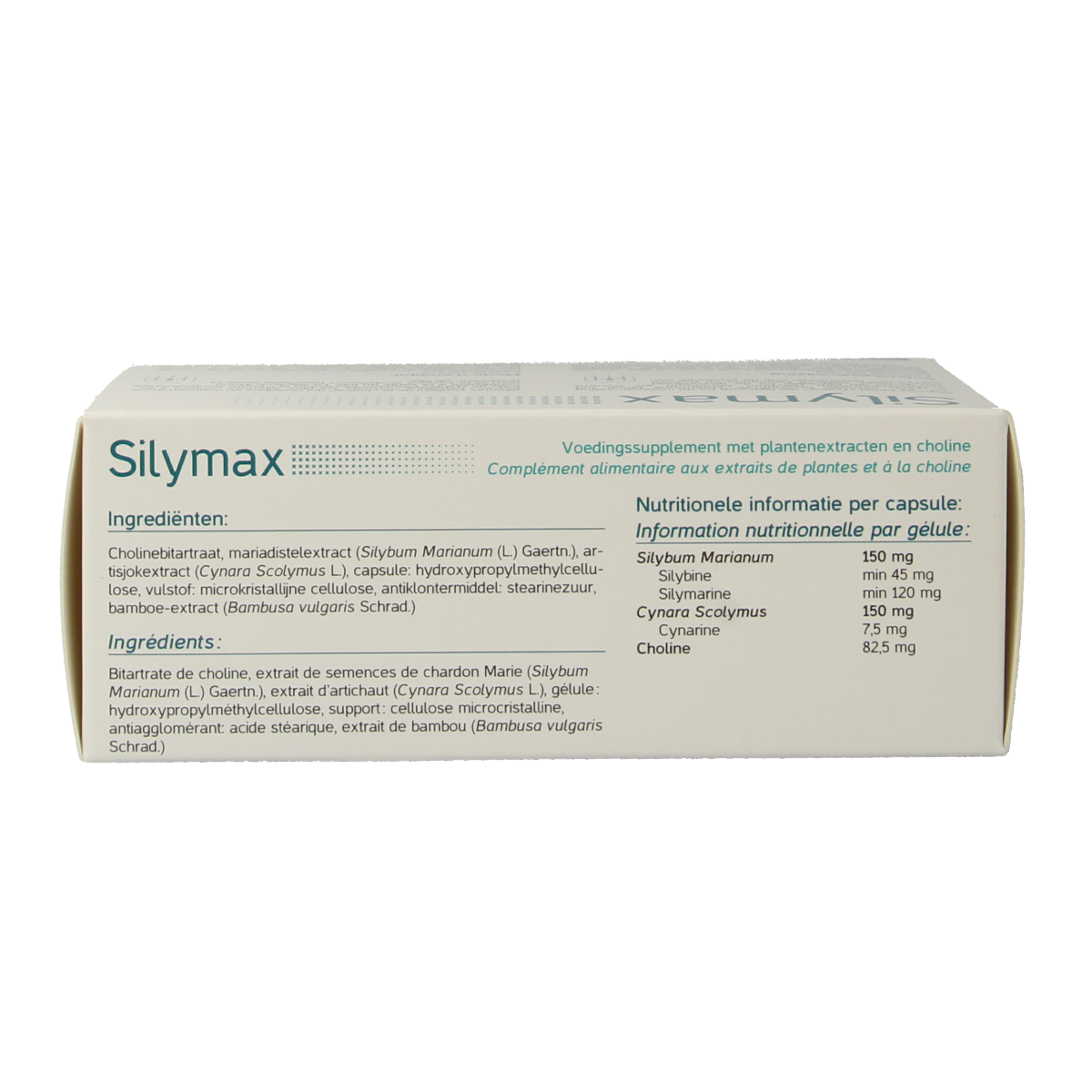 Bottle of Metagenics Silymax herbal supplement capsules in a white container with a label, displayed on a white background.