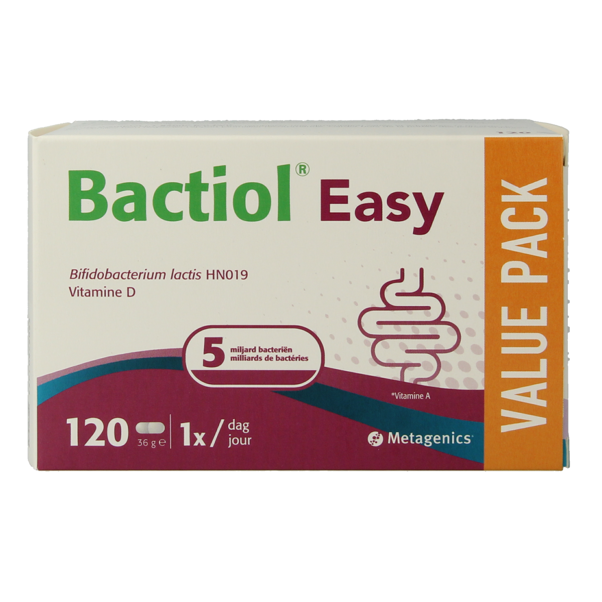 Metagenics Bactiol easy probiotic capsules, containing micro-organisms, displayed in a bottle against a white background.