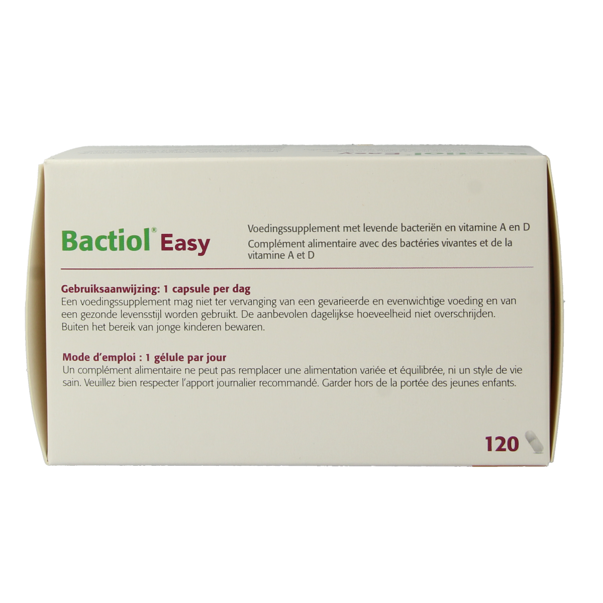 Metagenics Bactiol Easy probiotic capsules containing micro-organisms, 120 capsules for digestive health.