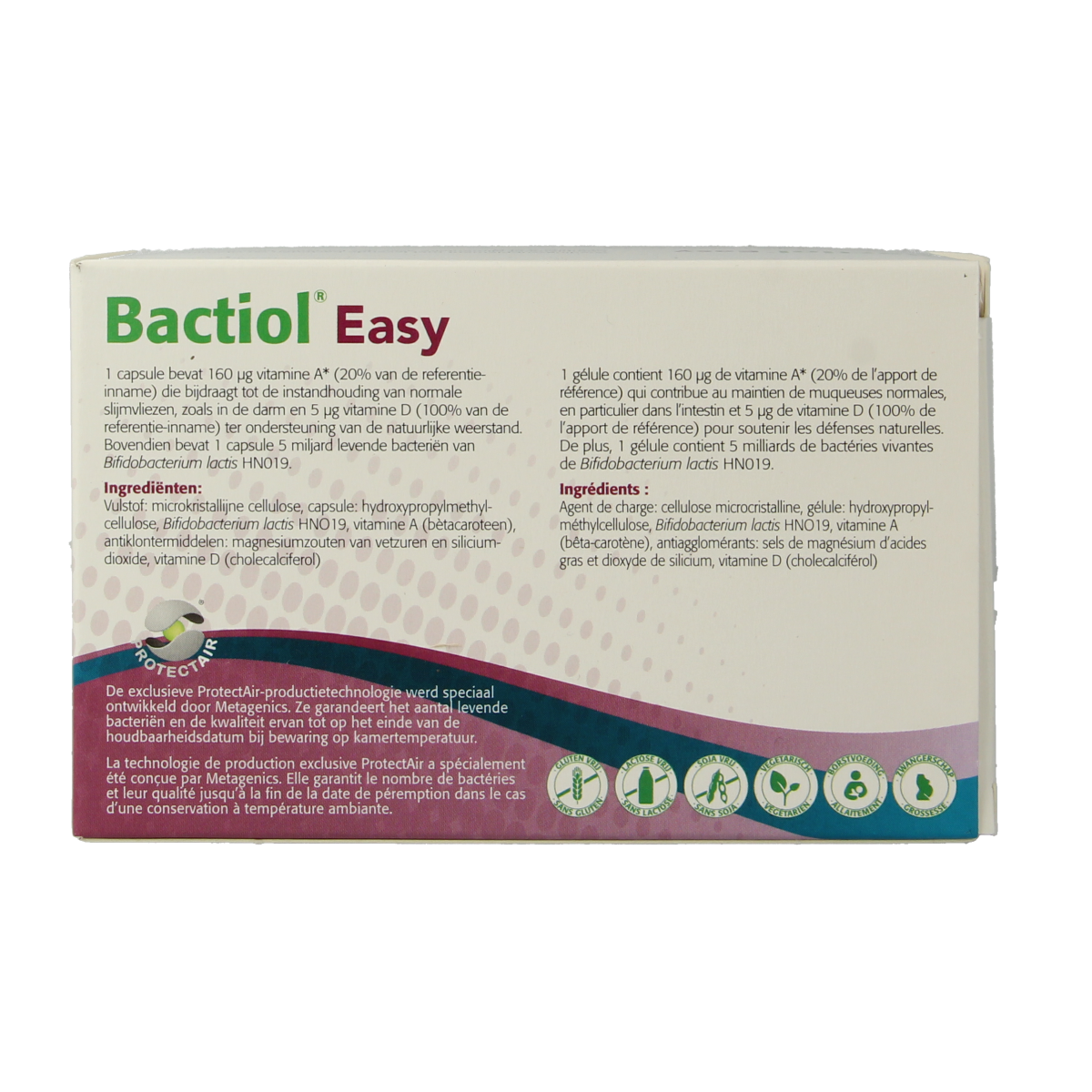 Metagenics Bactiol easy micro-organism capsules, 120 count, showing the supplement bottle with capsules inside.