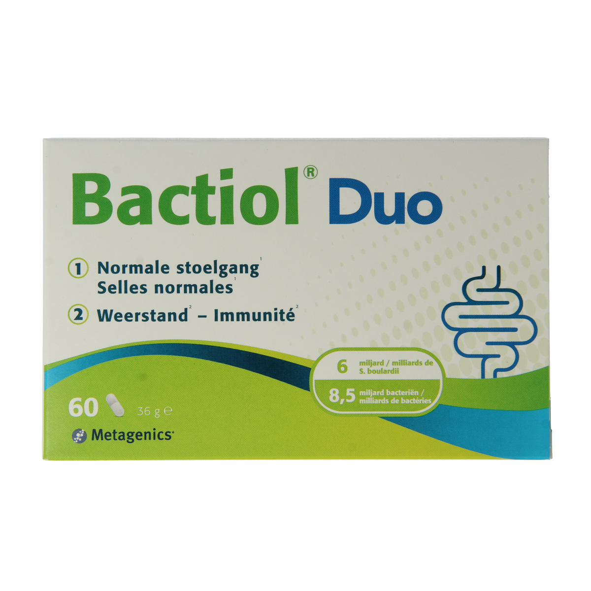 Metagenics Bactiol Duo NF probiotic capsules with micro-organisms in a clear bottle on a white background