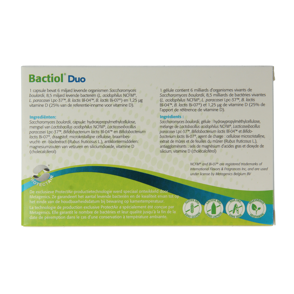 Metagenics Bactiol Duo NF probiotic capsules showing the capsule packaging with label details.