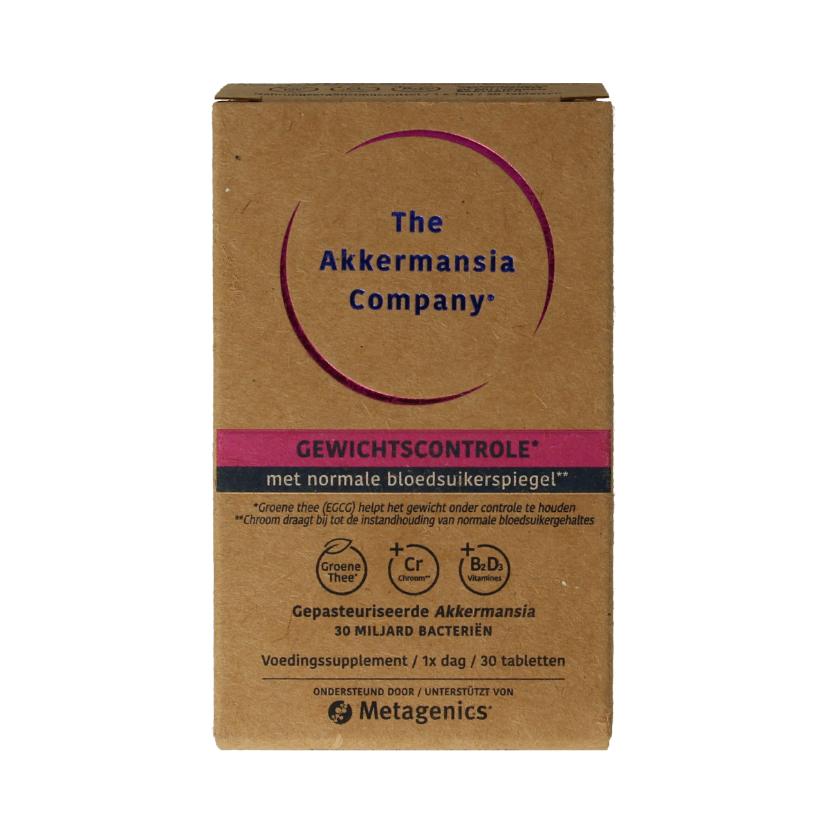 Akkermansia Gewichtscontrole V2 NFD herbal supplement tablets in a bottle, showing the product label and tablets inside.