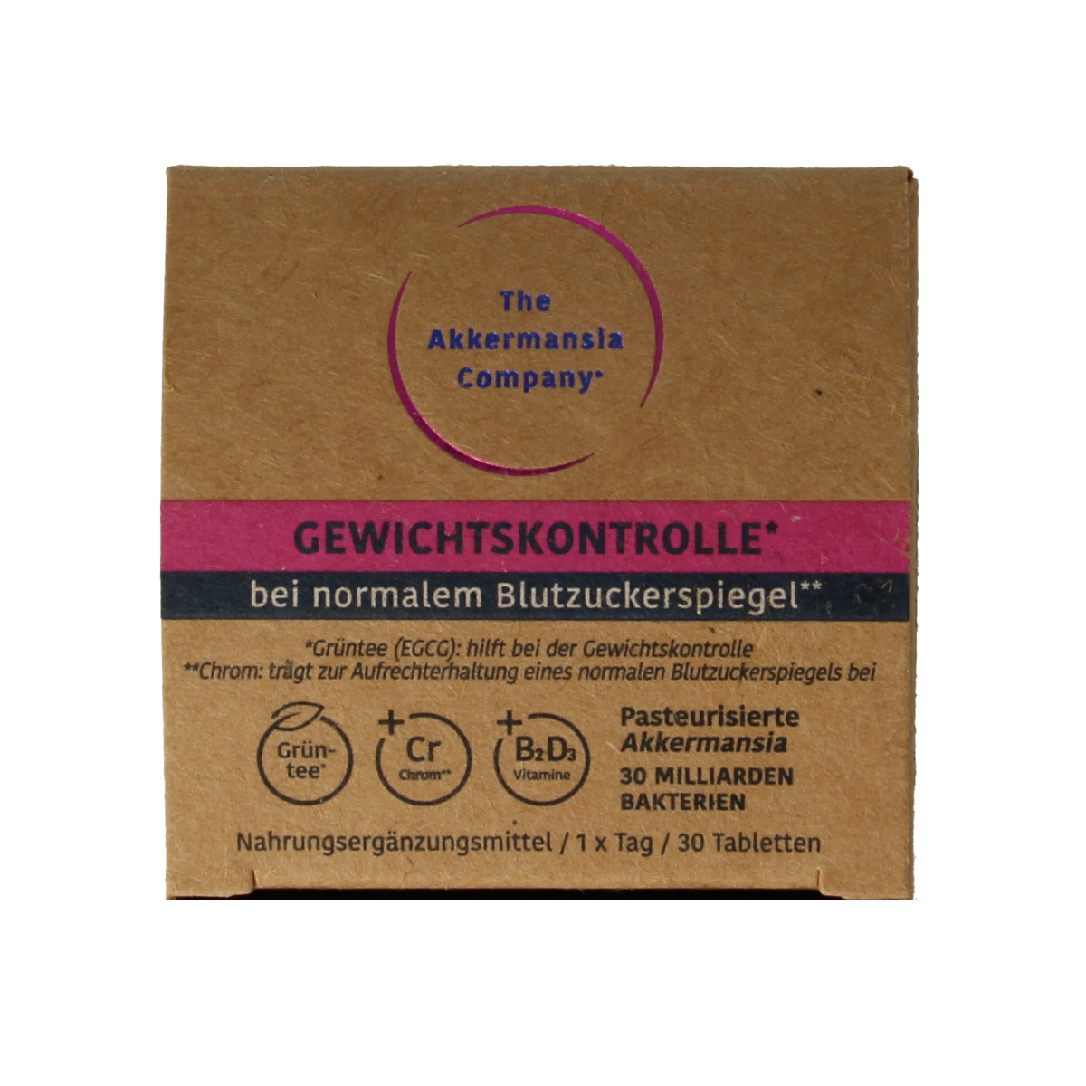 Akkermansia Gewichtscontrole V2 herbal supplement tablets from Akkermansia, shown in a close-up of the product packaging.