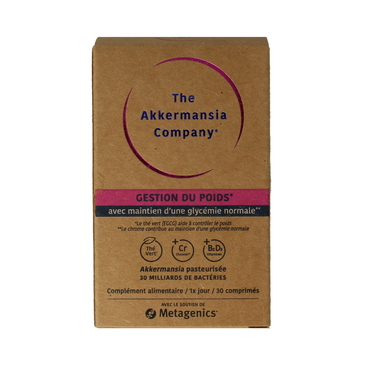 Akkermansia gewichtscontrole V2 kruidenpreparaten supplement in 30 tabletten, featuring the Akkermansia brand label and tablet packaging