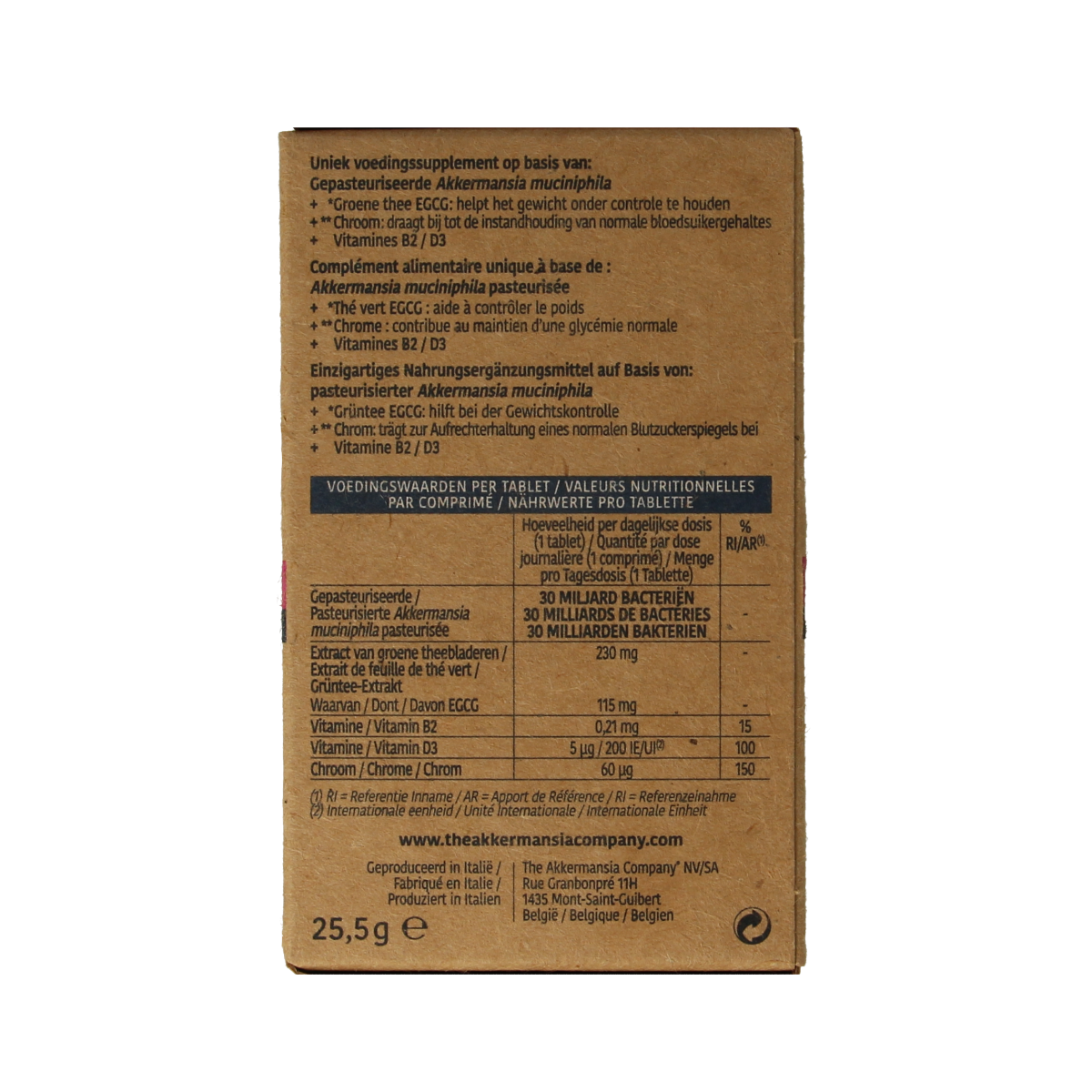 Akkermansia weight control herbal supplement V2 NFD, 30 tablets, featuring botanical ingredients in a blister pack.