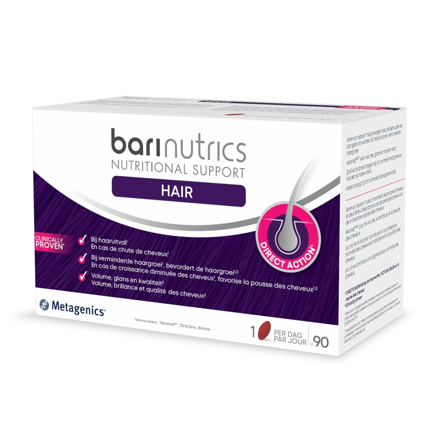 Barinutrics Hair 90 softgels dietary supplement in a bottle, designed to support healthy hair growth and nourishment.