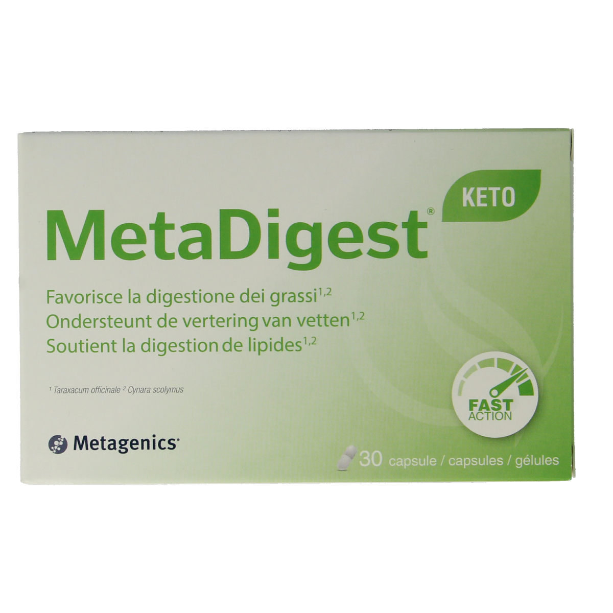 Bottle of Metagenics Metadigest Keto capsules, containing fiber and enzymes, with label visible on white background.