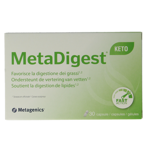 Bottle of Metagenics Metadigest Keto capsules, containing fiber and enzymes, with label visible on white background.