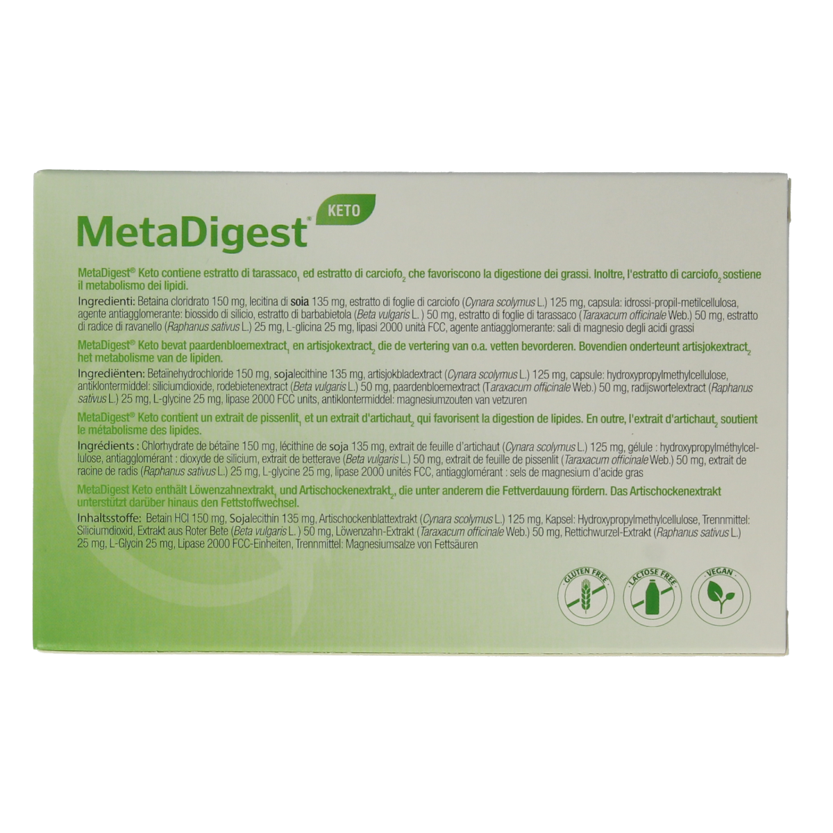 Metagenics MetaDigest keto capsules with fiber and enzymes, showing a bottle of dietary supplement capsules.
