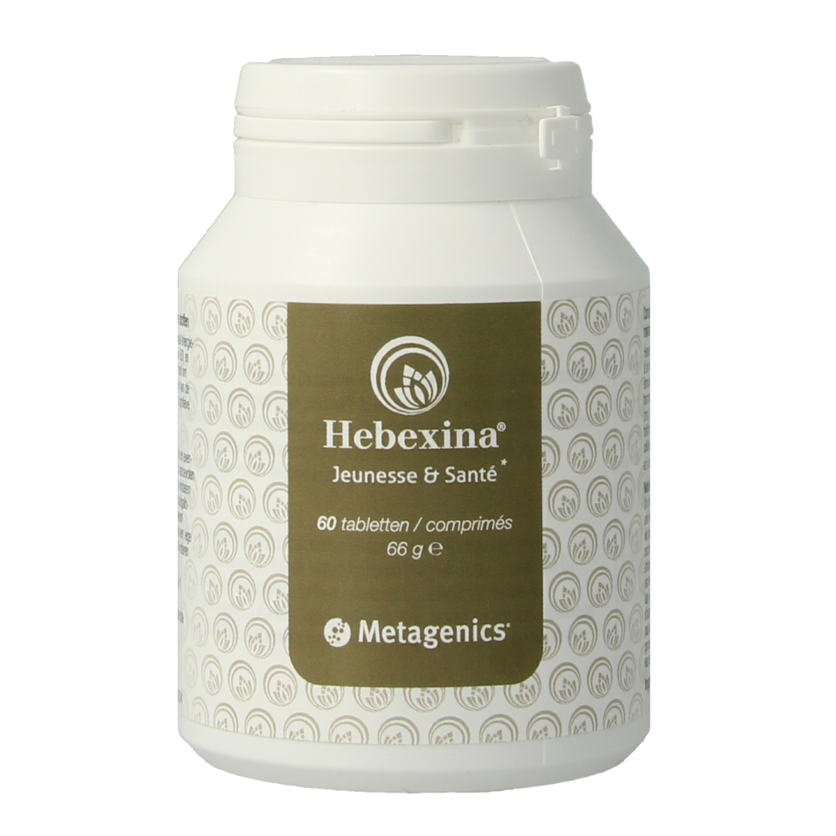 Metagenics Hebexina multivitamin tablets in a bottle, dietary supplement for overall health support.