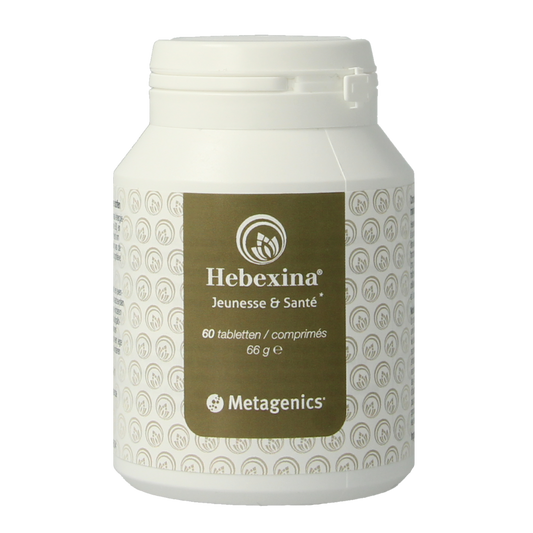 Metagenics Hebexina multivitamin tablets in a bottle, dietary supplement for overall health support.