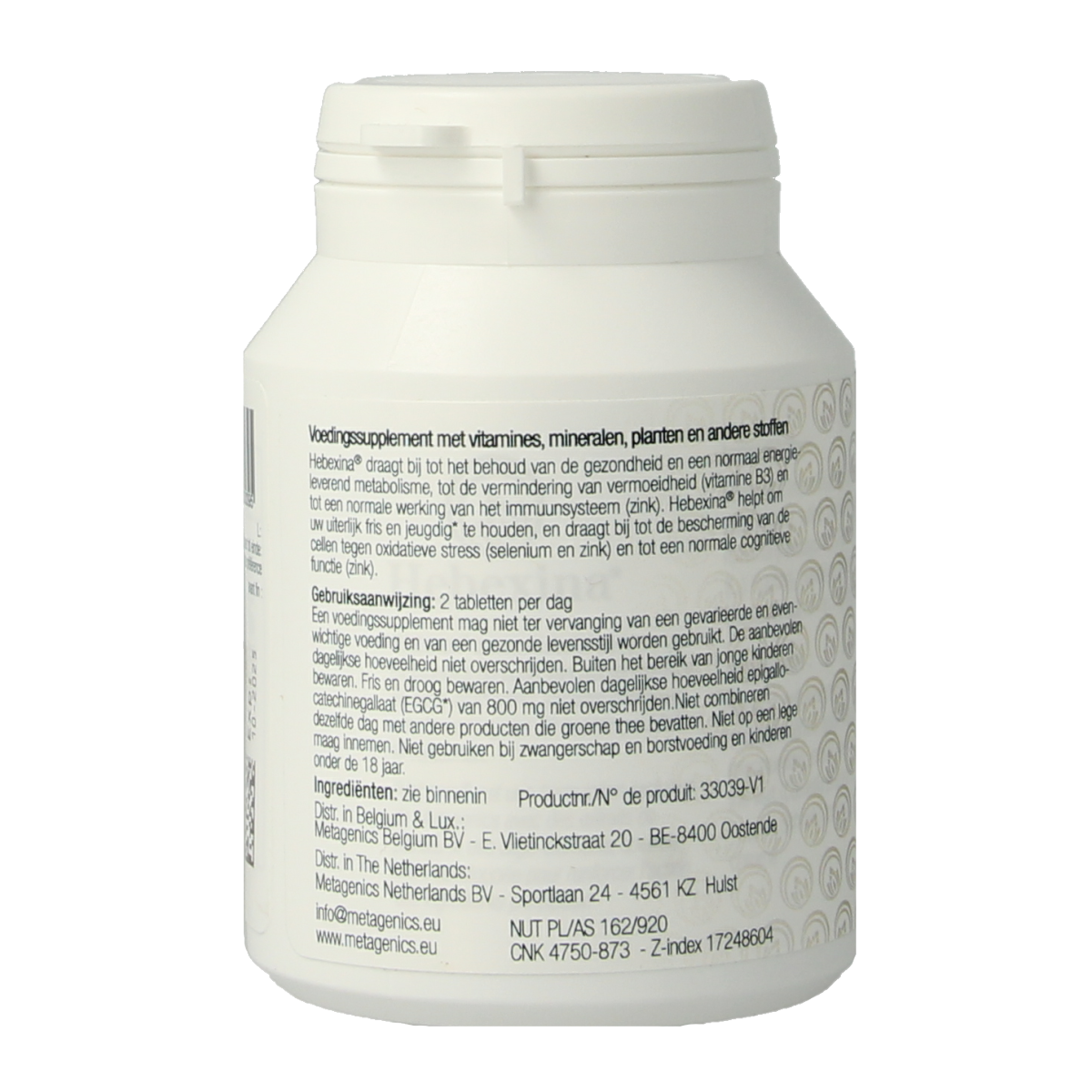 Metagenics Hebexina multivitamin tablets in a bottle, dietary supplement for overall wellness and health support.