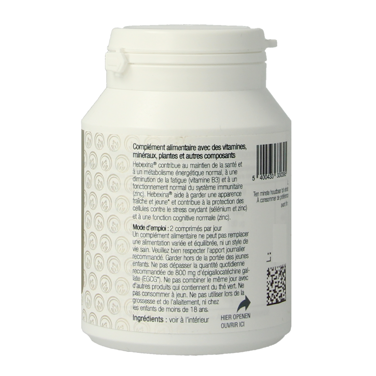 Metagenics Hebexina multivitamin tablets, showing a bottle of dietary supplements with label details.