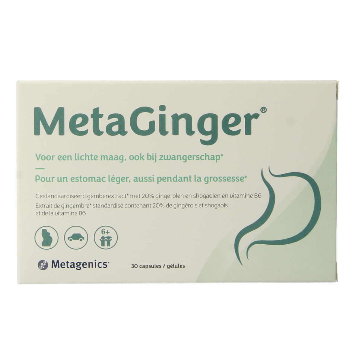 Bottle of Metagenics Metaginger herbal capsules, natural supplement in a white container with a label displaying product details.