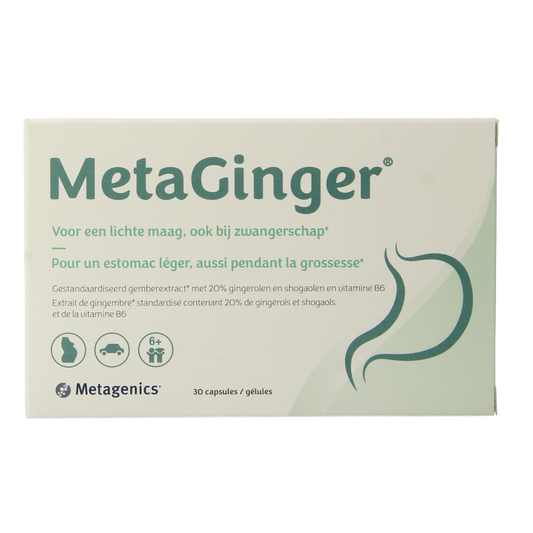 Bottle of Metagenics Metaginger herbal capsules, natural supplement in a white container with a label displaying product details.