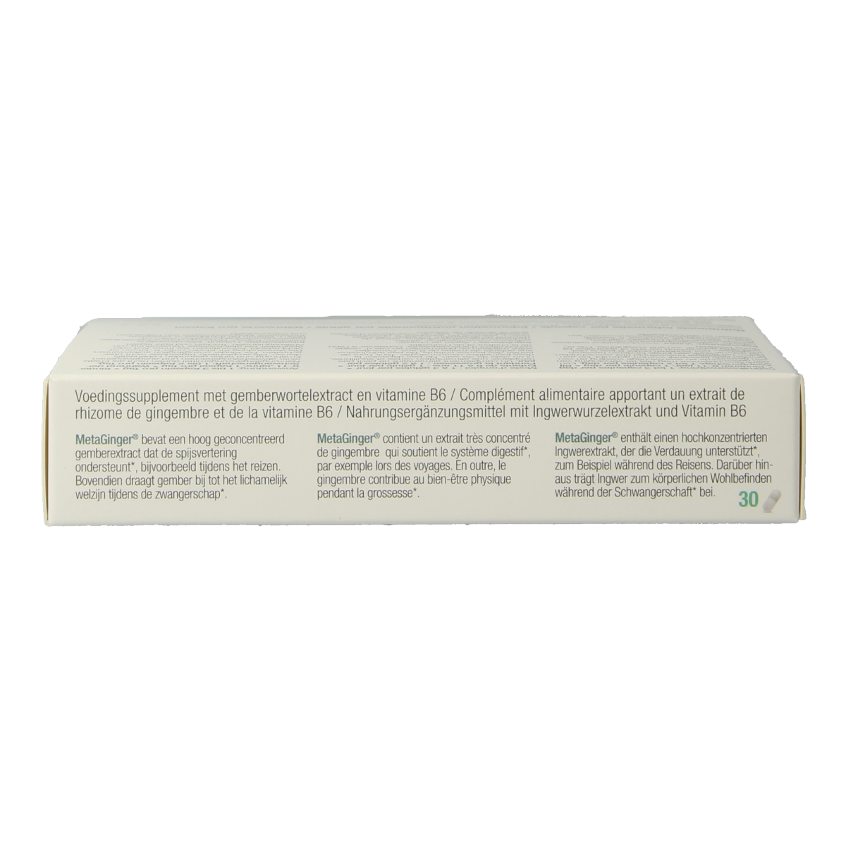 Metagenics Metaginger herbal supplement capsules, natural kruidenpreparaten in a bottle, showing 30 capsules on the label.