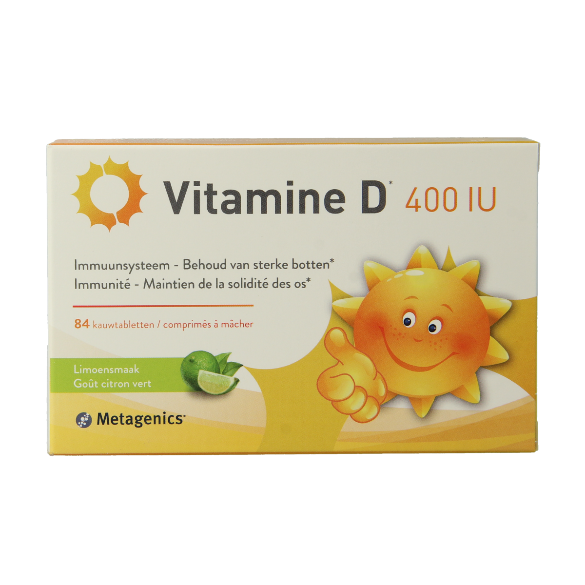 Metagenics Vitamin D 400IU chewable tablets in a bottle, dietary supplement for immune support and bone health.