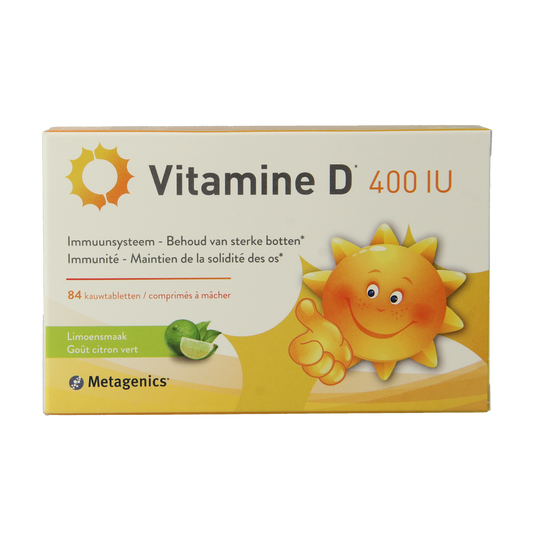 Metagenics Vitamin D 400IU chewable tablets in a bottle, dietary supplement for immune support and bone health.