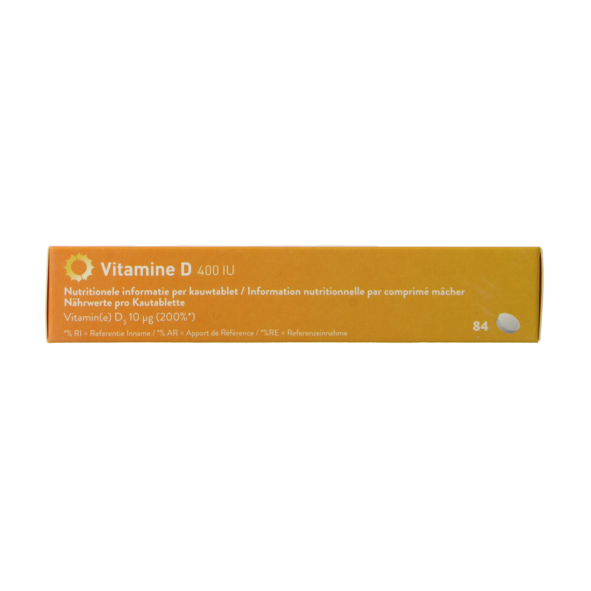 Metagenics Vitamin D 400IU chewable tablets for children, showing the orange flavored tablets in the bottle.