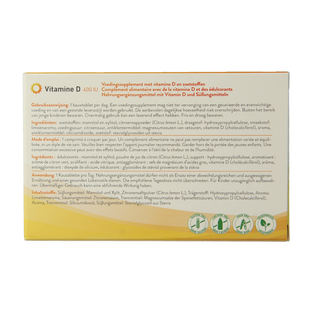 Metagenics Vitamine D 400IU chewable tablets, dietary supplement for children, shown in a bottle with tablets inside.
