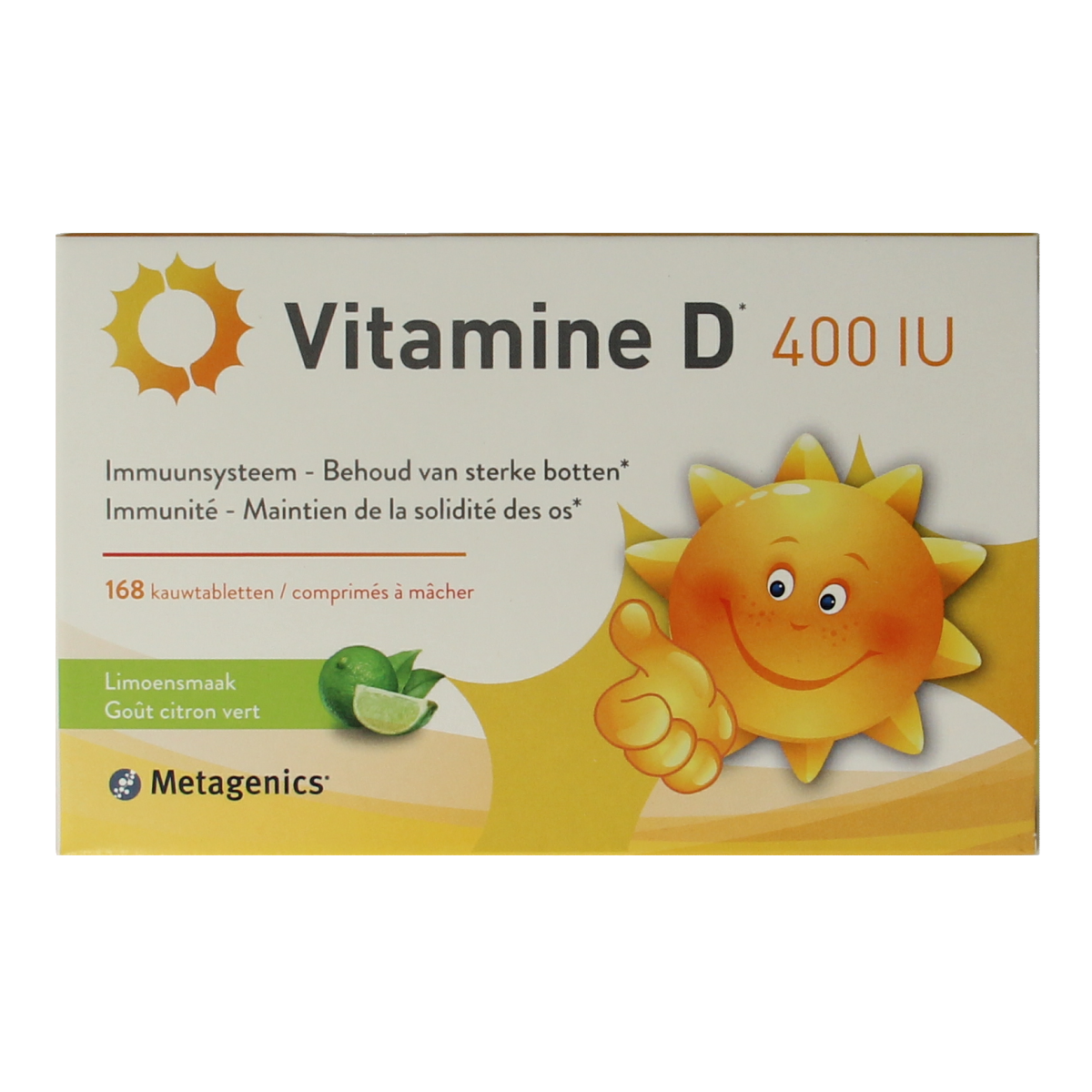 Metagenics Vitamin D 400IU chewable tablets, natural vitamin supplement in a bottle, displayed with tablets on a white background.