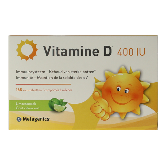 Metagenics Vitamin D 400IU chewable tablets, natural vitamin supplement in a bottle, displayed with tablets on a white background.