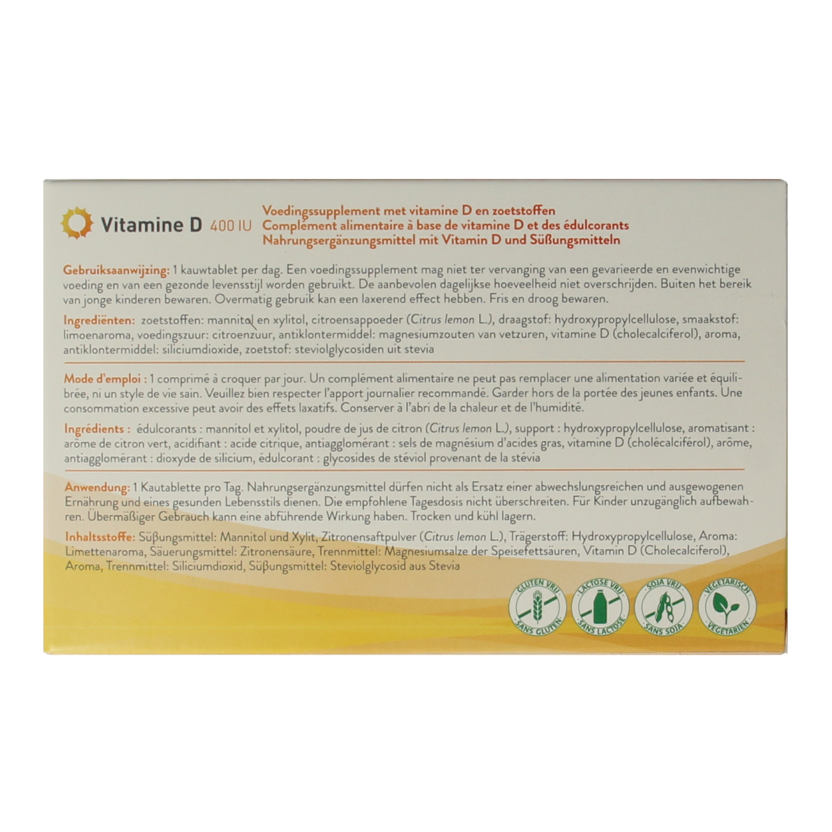 Metagenics Vitamin D 400IU chewable tablets in a bottle, natural supplement for bone and immune support.