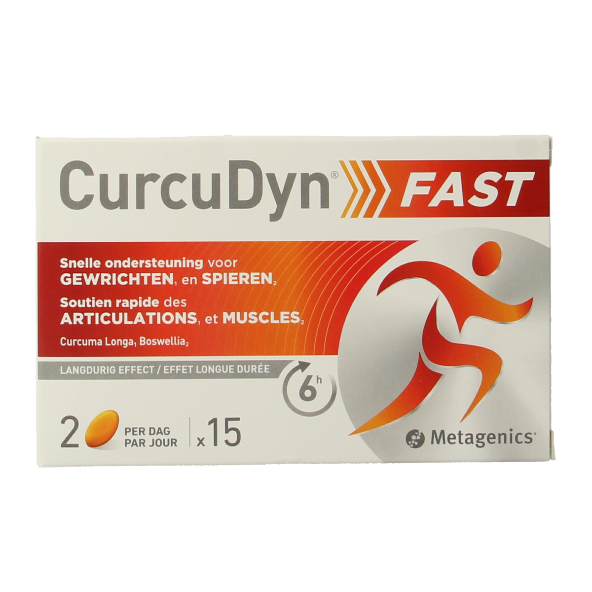 Metagenics Curcudyn Fast NFD softgels, herbal supplement in orange softgel capsules, designed for joint and inflammation support.