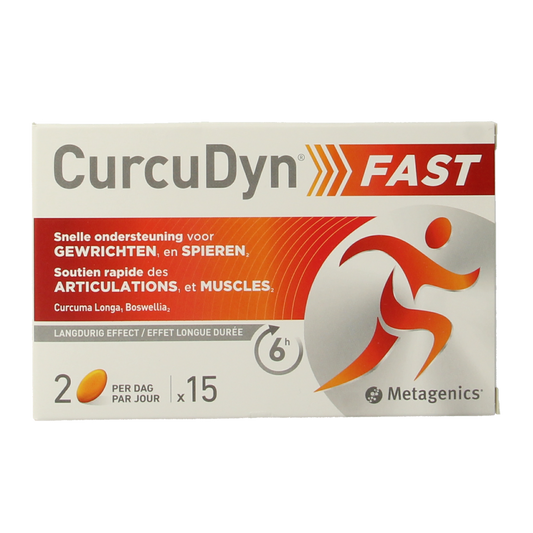 Metagenics Curcudyn Fast NFD softgels, herbal supplement in orange softgel capsules, designed for joint and inflammation support.