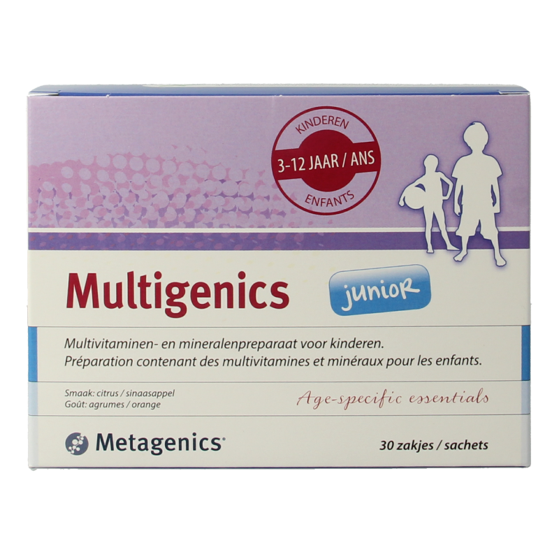 Metagenics Multigenics Junior multivitamin sachets featuring colorful packaging and 30 individual servings.