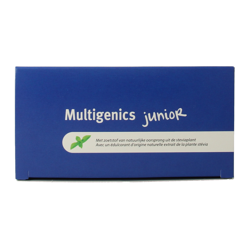Metagenics Multigenics Junior multivitamin sachets for kids, showing colorful sachets with vitamin supplement branding.
