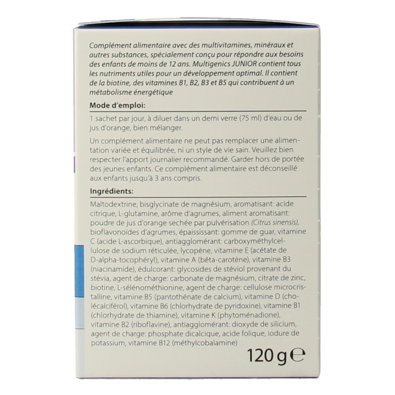Metagenics MultiGenics Junior vitamin multivitamin sachets for children, showing colorful sachets and packaging.