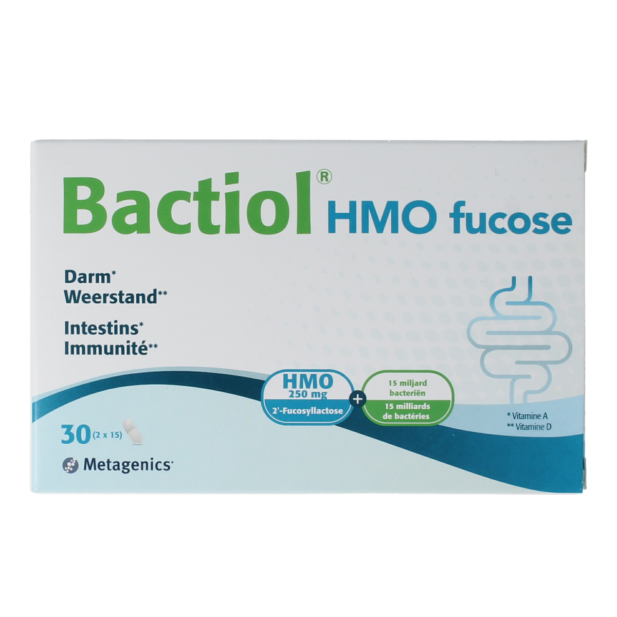 Metagenics Bactiol HMO Fucose probiotic capsules, micro-organisms supplement, 2x15 capsules for gut health.