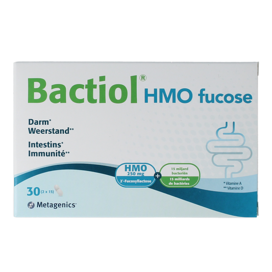 Metagenics Bactiol HMO Fucose probiotic capsules, micro-organisms supplement, 2x15 capsules for gut health.