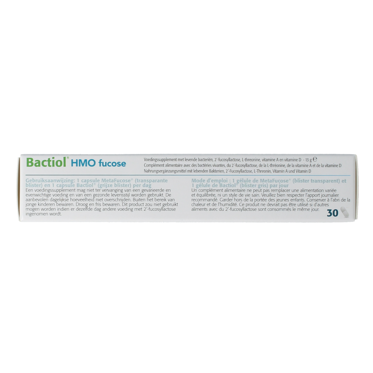 Metagenics Bactiol HMO Fucose capsules, probiotic micro-organisms supplement in two bottles of 15 capsules each.