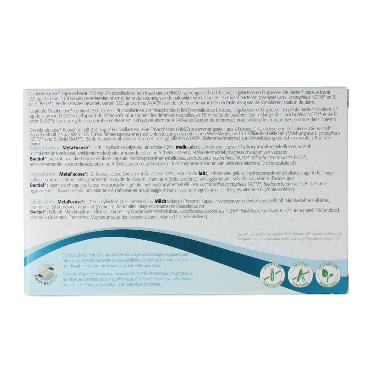 Metagenics Bactiol HMO fucose capsules, probiotic supplement with micro-organisms, 2x15 softgel capsules for gut health.