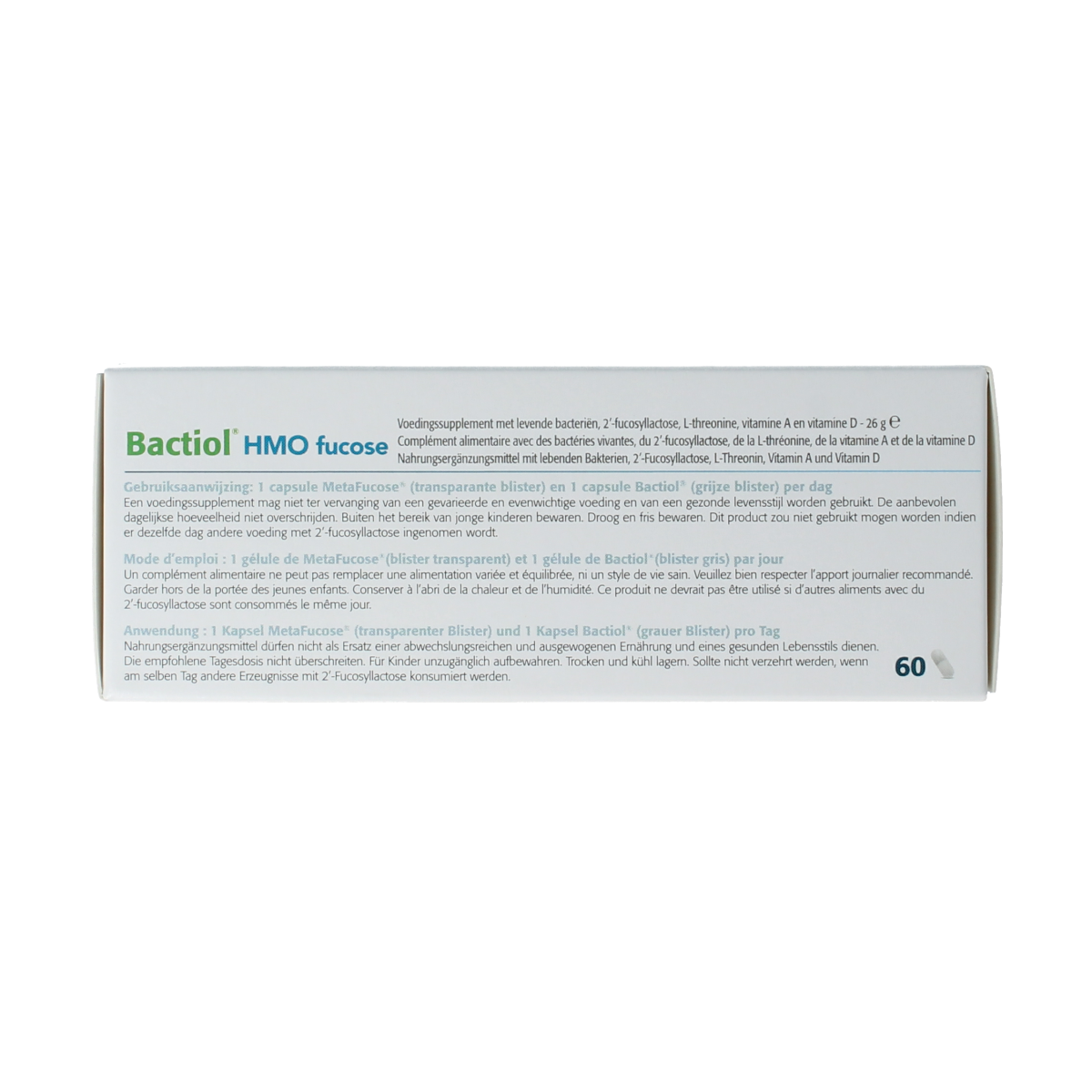 Metagenics Bactiol HMO Fucose micro-organisms capsules, 4x15 count, dietary supplement for gut health.