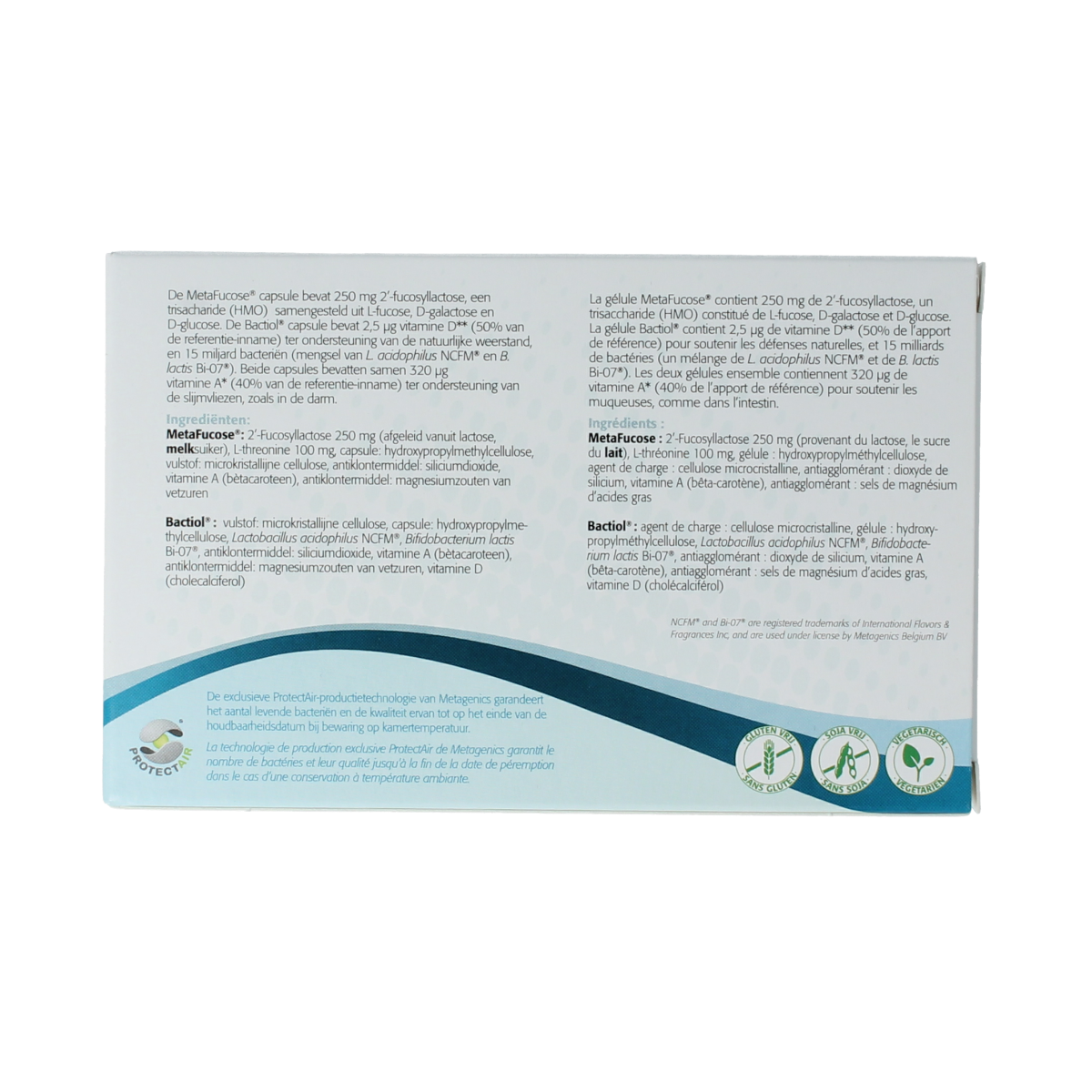 Metagenics Bactiol HMO Fucose probiotic capsules showing 4 bottles of 15 capsules each, for gut health support.