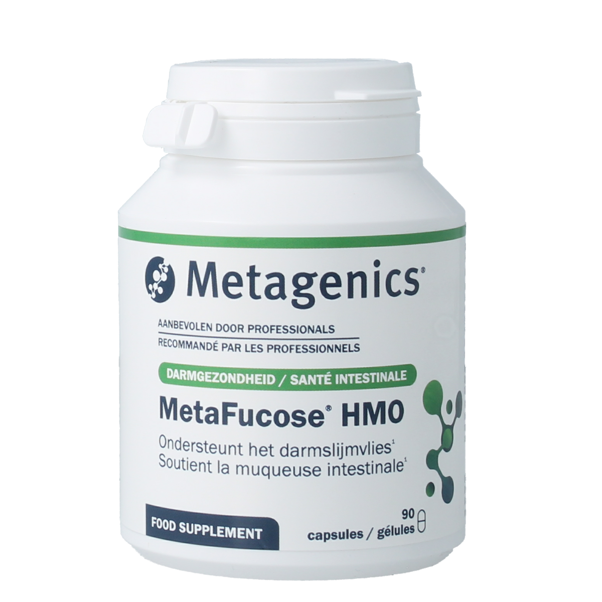 Bottle of Metagenics MetaFucose HMO NFD capsules, a dietary mineral supplement with 90 capsules on a white background.